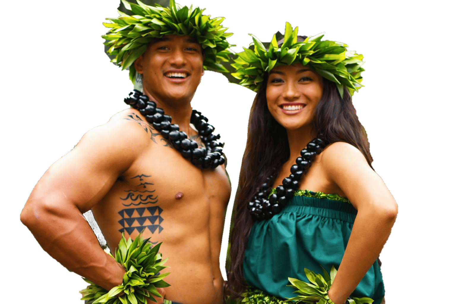 Two smiling Island Breeze Luau performers wearing leafy lei crowns and black kukui nut leis